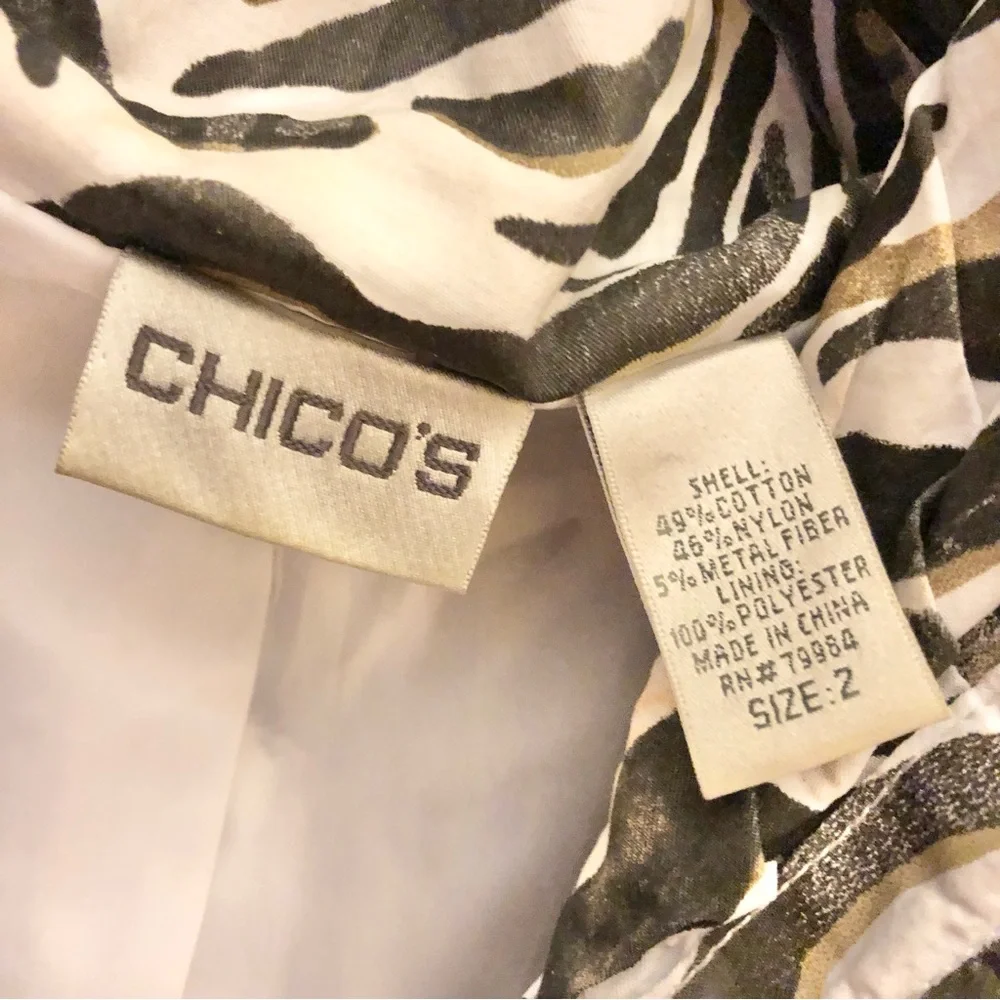 Chico’s Full Zip Funnel Neck Animal Print Zebra‎ Jacket White Black Size 2